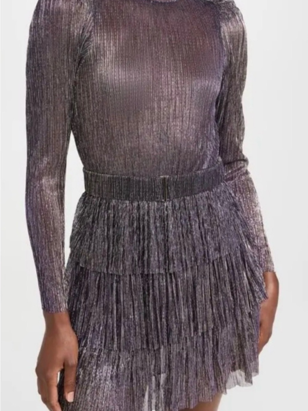 Sabina Musayev Metallic Purple Long-Sleeve Pleated Mini Dress